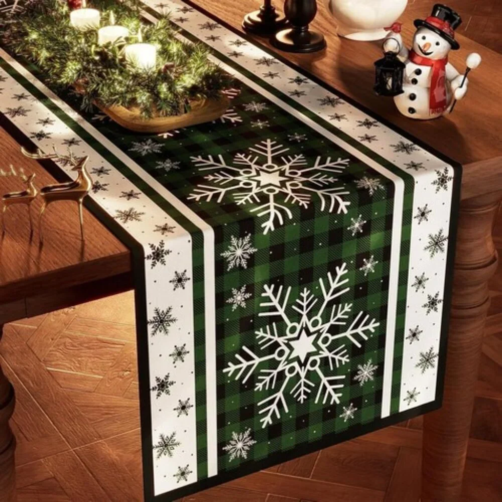 Green Buffalo Plaid Snowflakes Christmas Table Runner, Seasonal Winter 13x72